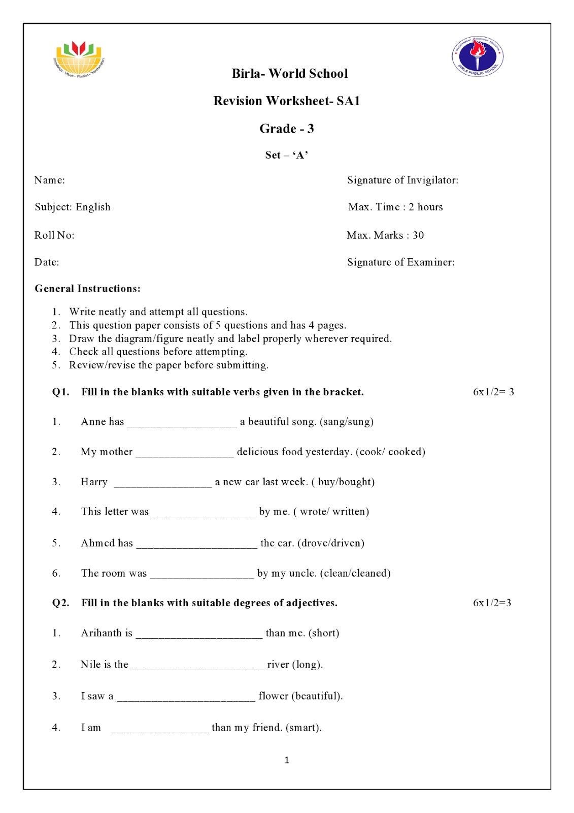 Birla World School Oman: Revision Worksheet For Grade 3 B - Birla World School Oman: Revision Worksheet For Grade 3 B