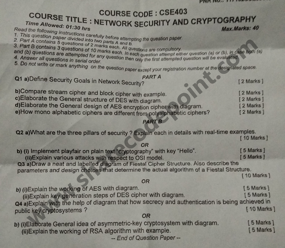 CSE403 Network Security And Cryptography Mid Term Exam Question Paper
