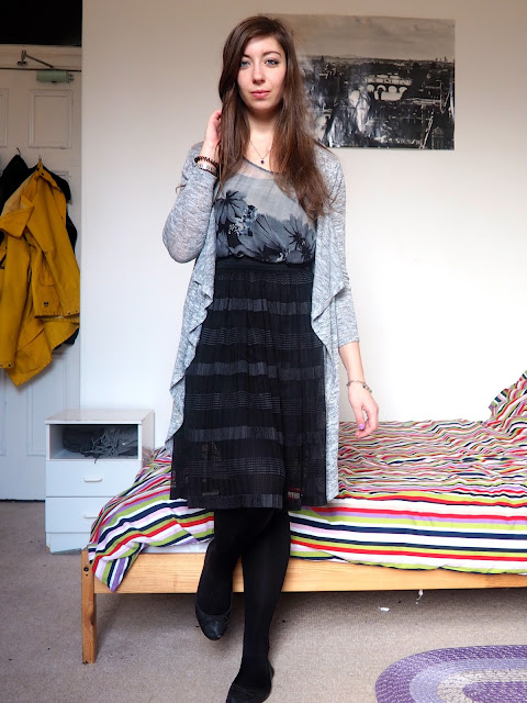 Briar Rose Sleeping Beauty Disneybound outfit - grey cardigan, grey floral top, long black skirt & ballet flats