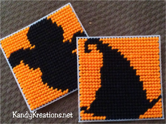Decorate your home with these easy to sew plastic canvas Halloween coasters.  This simple and free plastic canvas pattern has 2 Halloween silhouettes and 2 Halloween designs to decorate your Halloween party or table scape in fun orange and black designs.