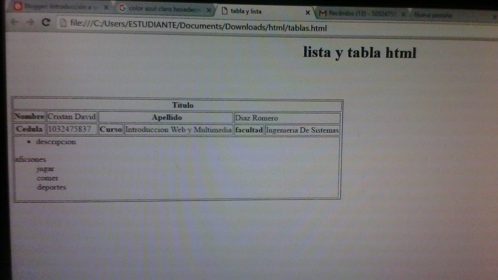 Introducción a web y multimedia TABLA Y LISTA EN HTML