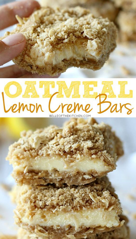 These Oatmeal Lemon Creme Bars are bound to be your new favorite! With a tart, yet sweet lemon filling and a streusel oatmeal topping, these are hard to put down!