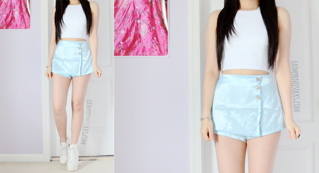 O-Mighty Fashion Review: Silk Kitten Skort + Xtina Skirt Review of the light pastel baby blue silk kitten asymmetric skort high-waisted skirt shorts from O-Mighty / Omighty / Omweekend.