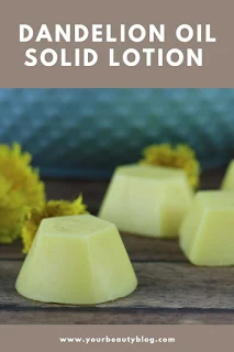 How to make lotion bars diy three ingredients. These easy lotion bars are made with dandelion oil, beeswax, and shea butter. DIY solid lotion for dry skin.  Dandelion oil benefits for your skin help relieve dry skin or eczema.  This is the best solid lotion for dry skin.  How to make a hard lotion or solid lotion.  #solidlotion #lotion #dandelion