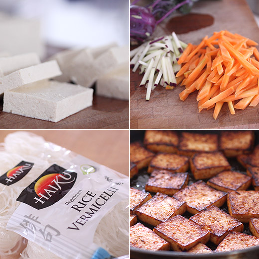 lisa is cooking Rice Noodle Salad Bowl with Sriracha Tofu