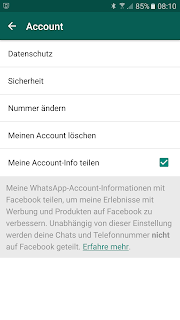 WhatsApp-Nutzer-Account nach Zustimmung der Daten-Weitergabe an Facebook Screenshot WhatsApp-Nutzer-Account nach Zustimmung der Daten-Weitergabe an Facebook