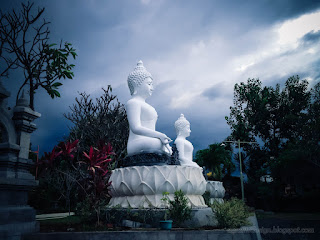 Religious Atmosphere Big White Buddha Statues In The Garden At Buddhist Monastery In Bali Indonesia