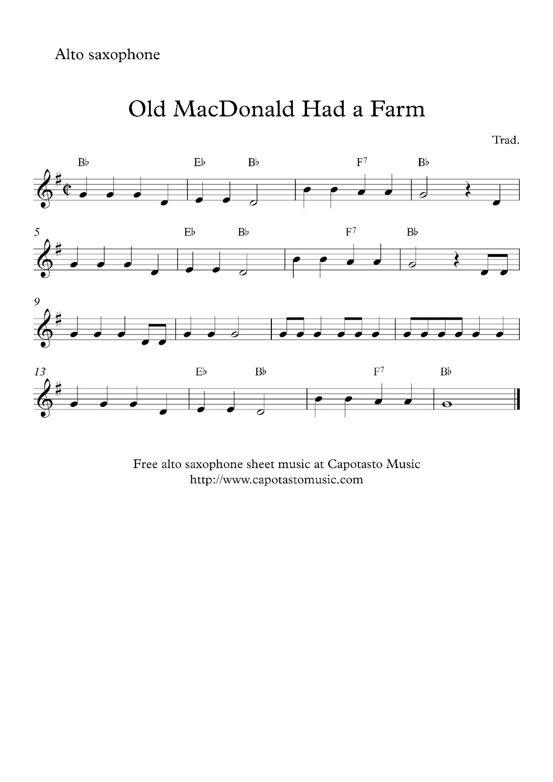 Free easy alto saxophone sheet music, Old MacDonald Had a Farm