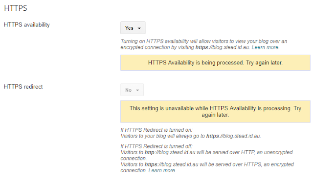 HTTPS availability set to Yes, showing processing info