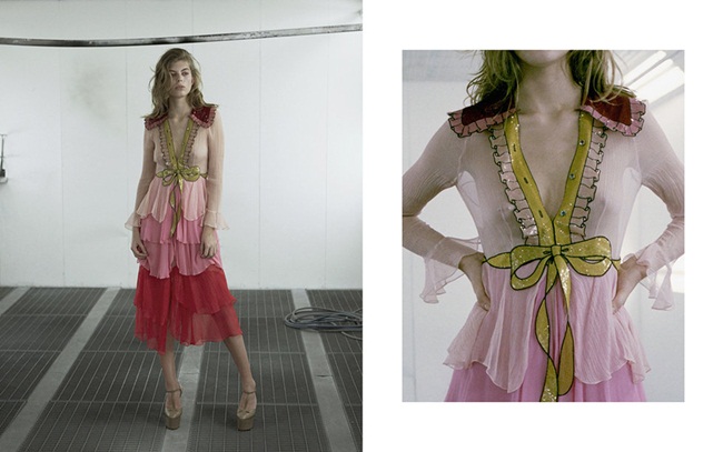 Oyster Magazine February 2016, Sara (Work Models) Gucci 2016 SS Pink Embroidered Chiffon Dress Editorials