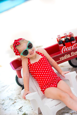 Kids 50's style, retro coca-cola photo shoot. Retro swimsuit and headband. Beach picture ideas. Lilo and Stitch photo shoot