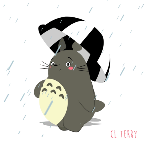 GIF animowany z Totoro chodzącym w deszczu