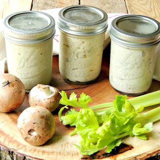 Ditch the high sodium, fatty, canned soups and give these easy to make Condensed Cream of Soup Substitute Recipes a whirl! #healthy #glutenfree #vegetarian #soup #easy #recipe | bobbiskozykitchen.com Cream soups in 1/2 pint jars on a round wooden platter with fresh mushrooms and celery.