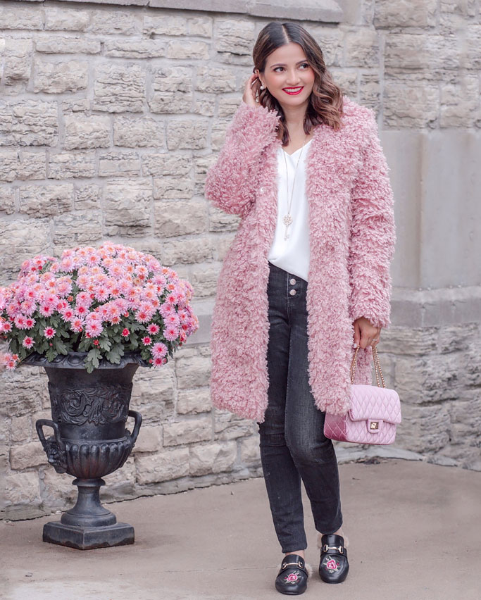 How to Style a Pink Teddy Bear Coat Jacket Blogger Outfit Street Style Max Mara Dupe 2018