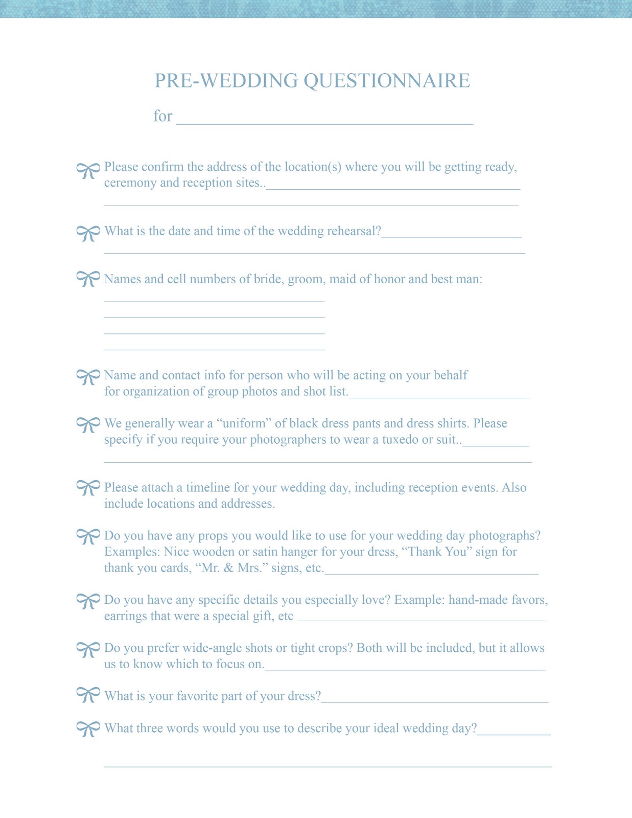 Free Wedding Photography Questionnaire Template