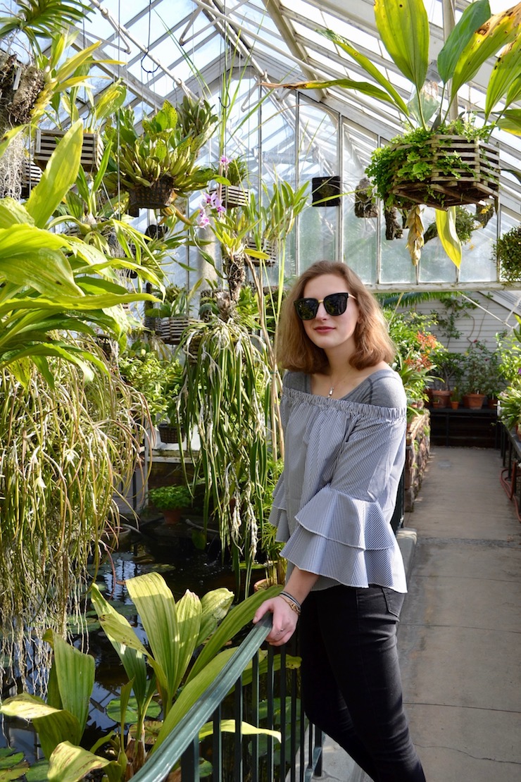 layered off the shoulder bell sleeve gingham top, black jeans, winter ootd