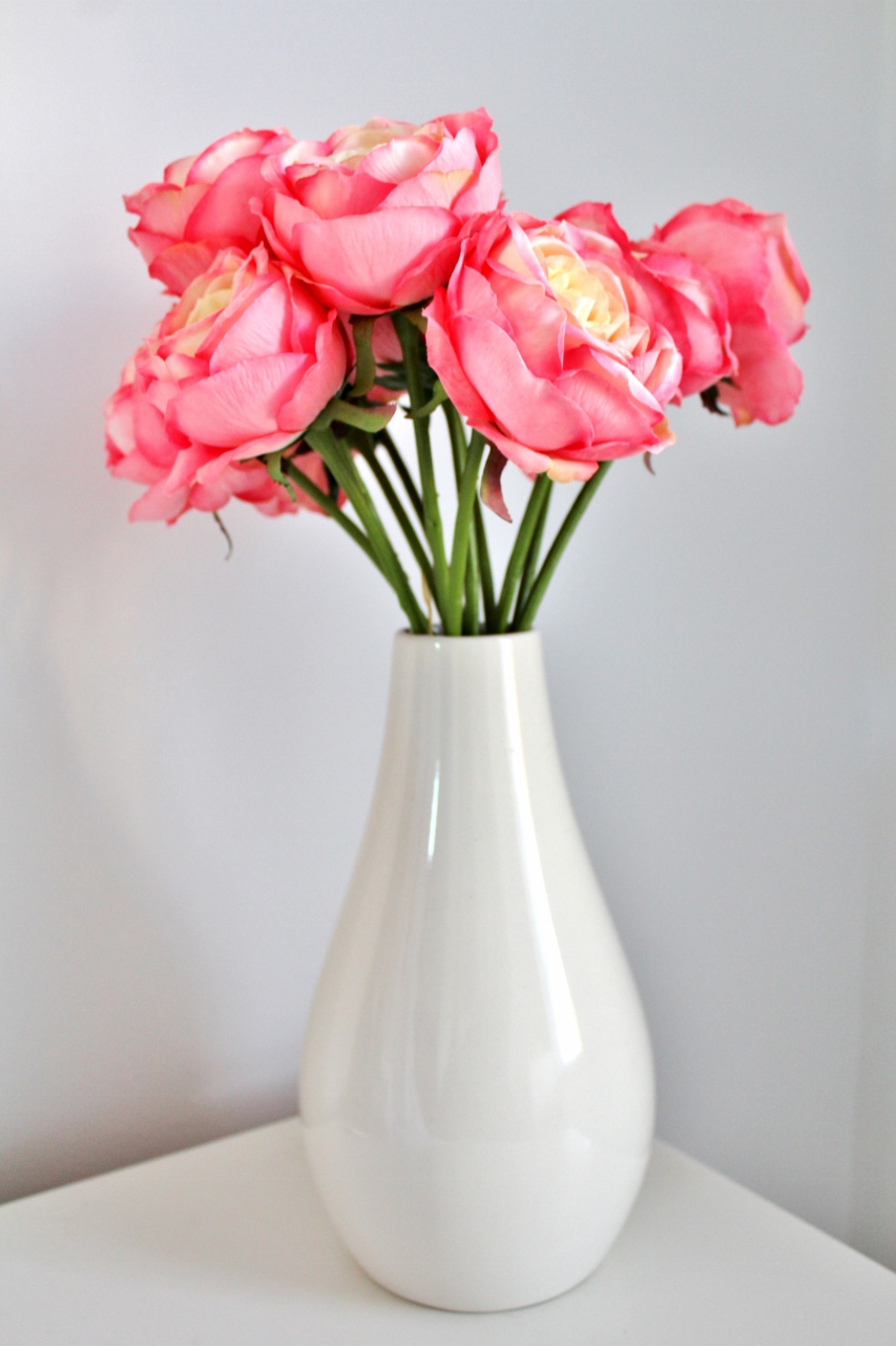 Peonies Fake pink peonies in white vase