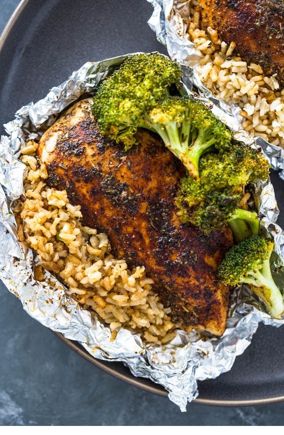 Foil Pack Chicken Rice and Broccoli