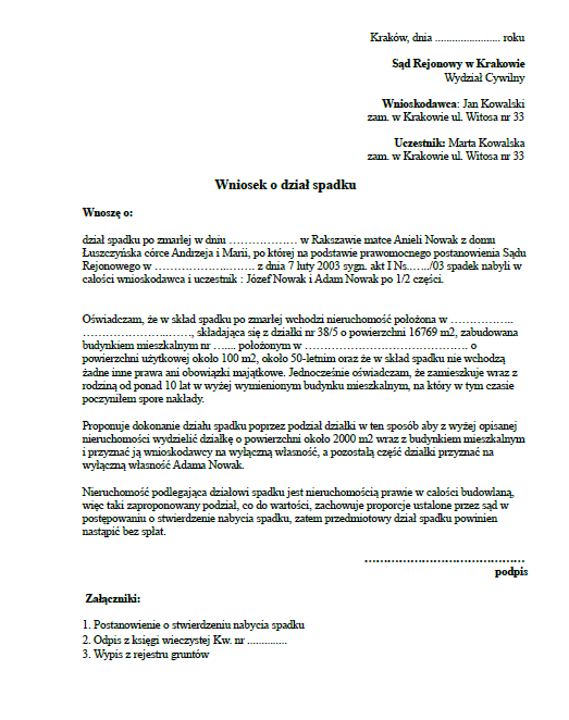 Wniosek O Dział Spadku Wzór