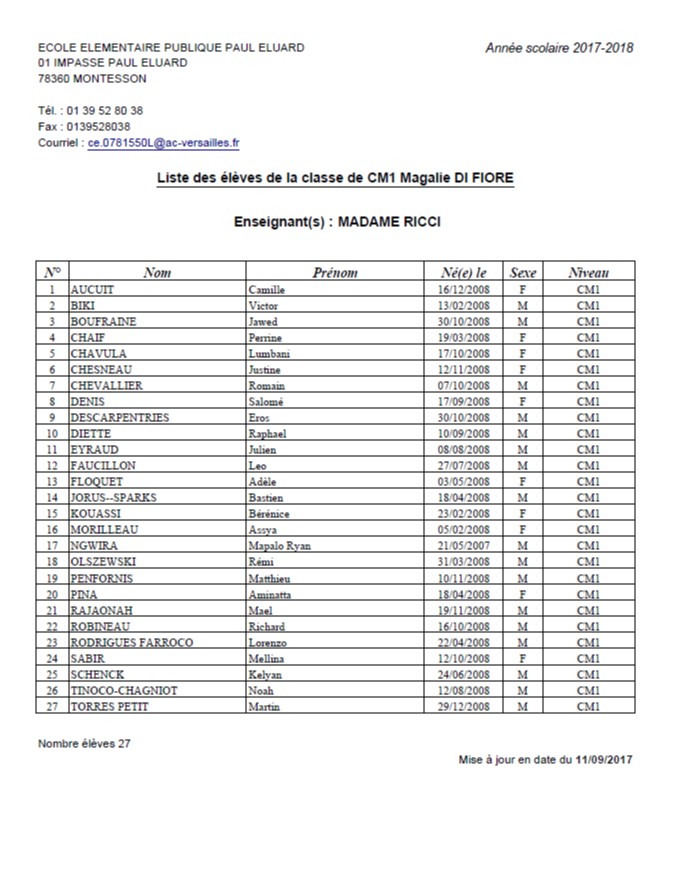 Listes des classes 2017/2018