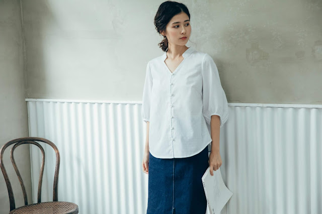 復刻-格子描圖紙 V領寬口袖襯衫