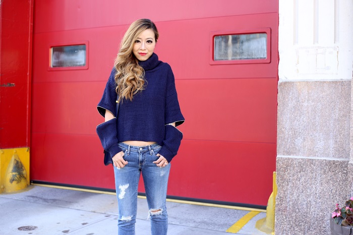 she in navy zipper sweater, AG jeans, celine bag, nike ids, nike, street style, fashion blog, nyc fashion blog