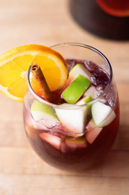 A top view of the sangria in the glass. 