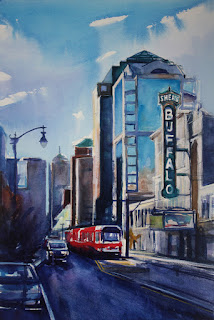 A watercolor painting of Shea's located in Buffalo, NY.