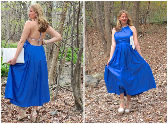 http://ginnysclosetblog.com/ SheIn 2016 Summer Blue Pearl-trimmed Neck Backless Pleated Dress