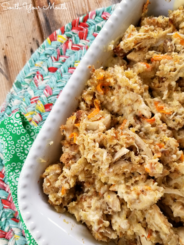 Chicken Stuffing Casserole Weekend Potluck Recipe - served in a casserole dish