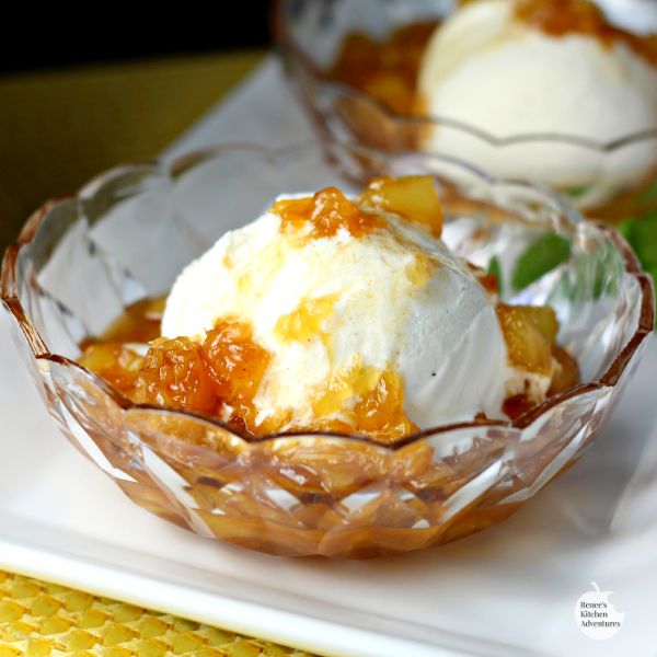Easy Pineapple Foster Sundaes | by Renee's Kitchen Adventures:  Quick recipe for a fabulous summer dessert featuring DoleCannedFruit in a rich butter and brown sugar sauce served warm over your favorite ice cream! AD @DolePackaged