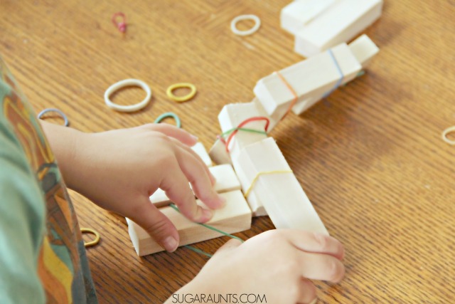 Hand strengthening activity for kids to play and create buildings with a asimple, no-prep activity. This is perfect for a busy bag activity for kids to do while waiting at restaurants or other places. Also tips and ideas to work on intrinsic hand strengthening in kids, from an Occupational Therapist.