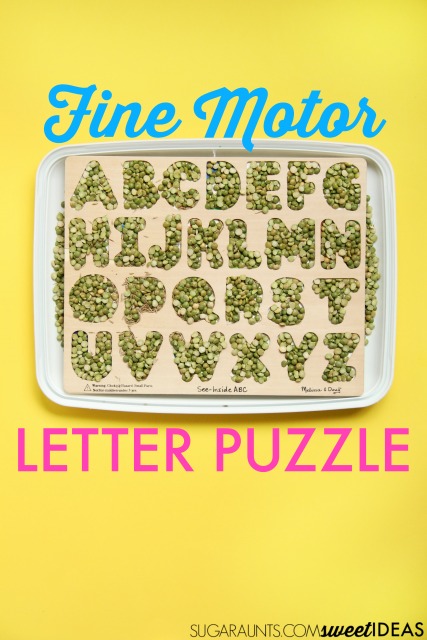 Work on fine motor skills like in-hand manipulation with a wooden letter puzzle. You can do this with any puzzle and work on things like letter identification, letter formation, numbers, animals, or shapes. Perfect for preschool or toddler activities.
