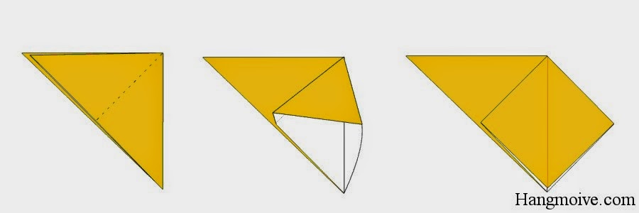 Bước 3: Mở lớp giấy phía trên theo chiều từ trong ra phía ngoài như hình minh họa dưới ta được một hình gồm: tam giác cân ngược và hình tứ giác đều.