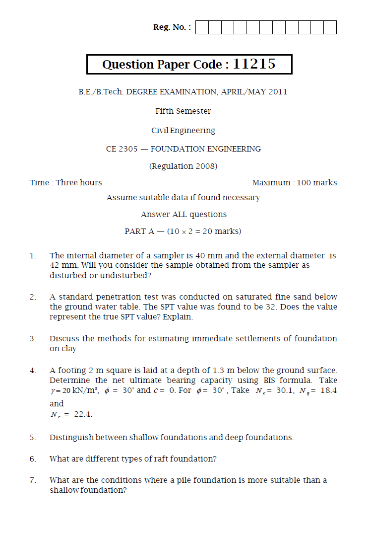 CE2305 Foundation Engineering April May 2011 Question Paper University Question Papers