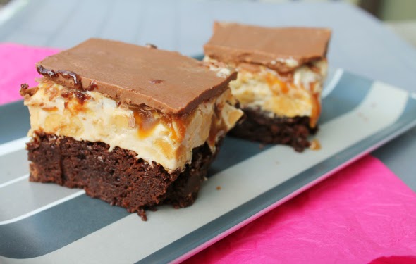 Snickers Brownies (a.k.a. sugar coma bars) | WhatchaMakinNow.com