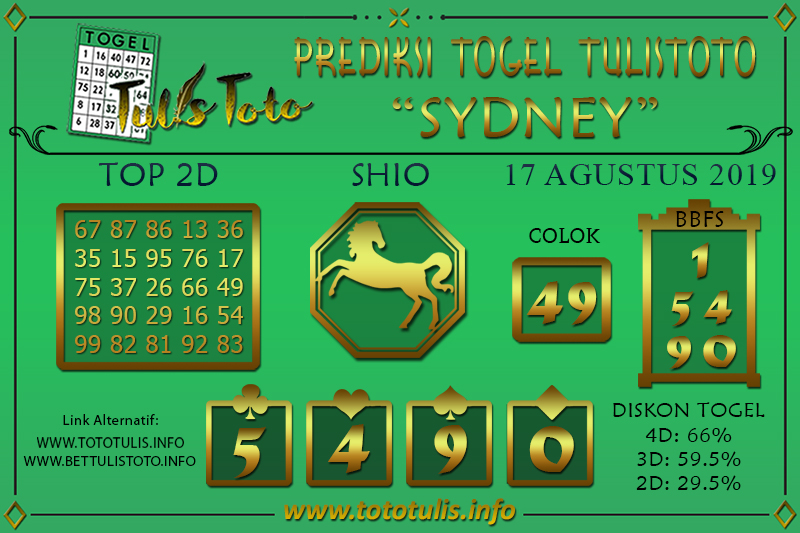 Prediksi Togel SYDNEY TULISTOTO 17 AGUSTUS 2019