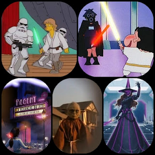 Referencias a Star Wars en diferentes medios, los simpson,Shin-chan, Bioshock, E.T, Yu-Gi-Oh. Collage realizado por Daria para administrando tu hobby