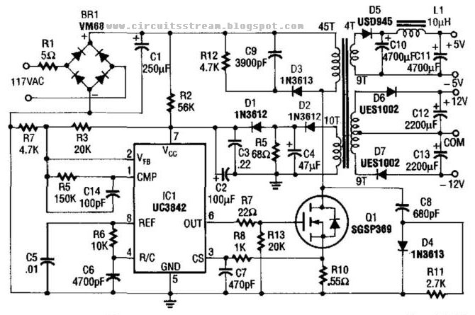 Build a 5v And 12V Ac Powered Switching Supply Circuit Diagram