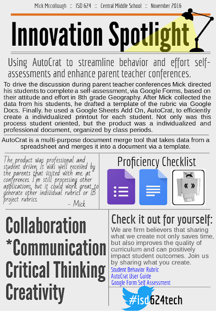 The first installment showcases Michael 'Mick' McCollough using a Google Forms, Google Docs, and a Google Sheets add-on, AutoCrat, to efficiently create a behavior and effort self-assessment for students used to drive conversations at parent-teacher conferences. 