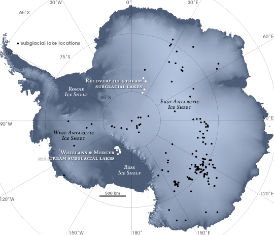 A map of Antarctica's subglacial lakes.