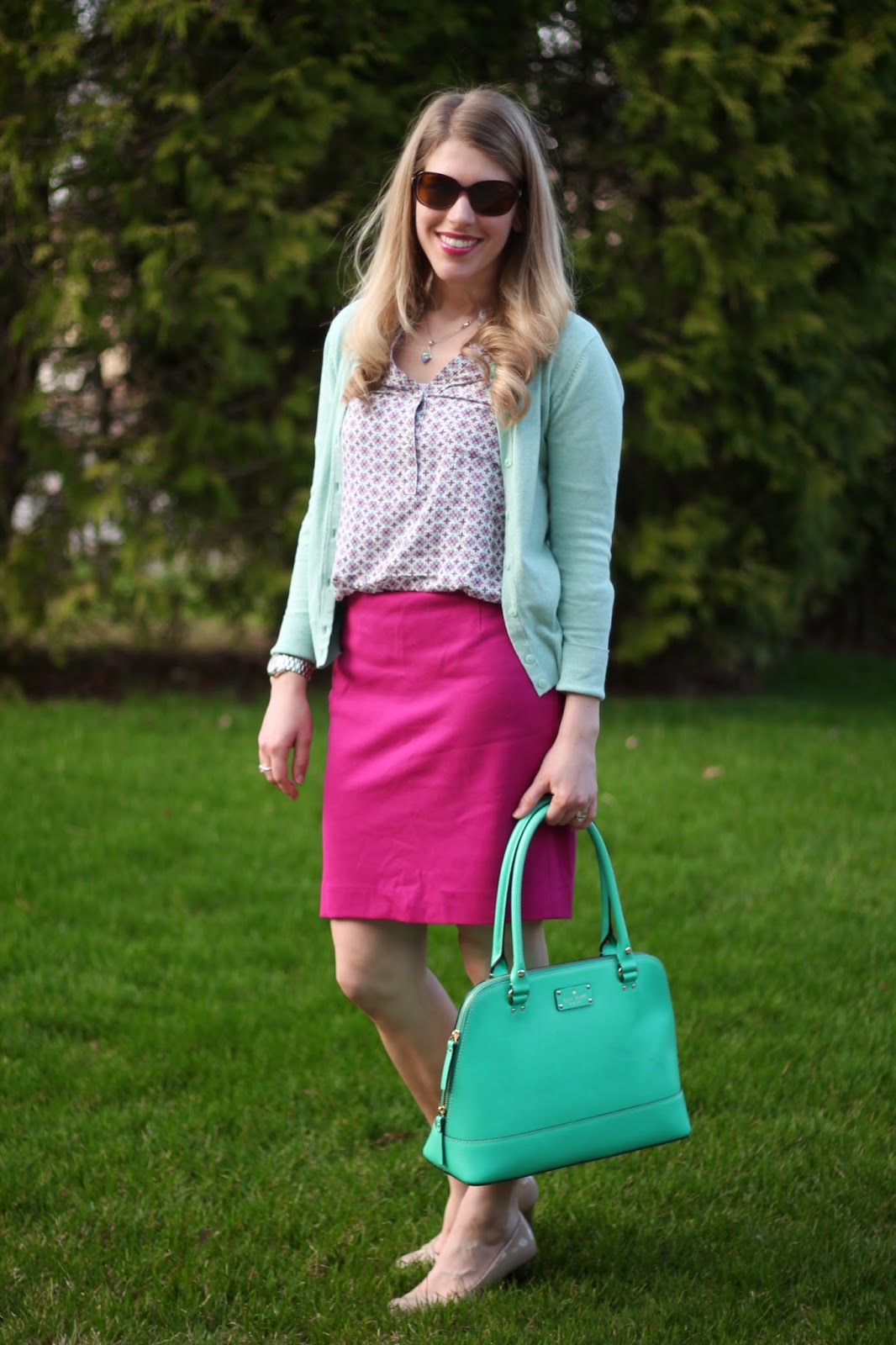 Confident Twosday: Pink Skirt and Mint Cardigan
