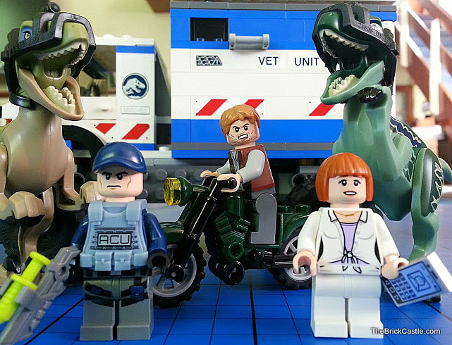 Brick Jurassic World LEGO with a Dilophosaurus and a couple of Raptors
