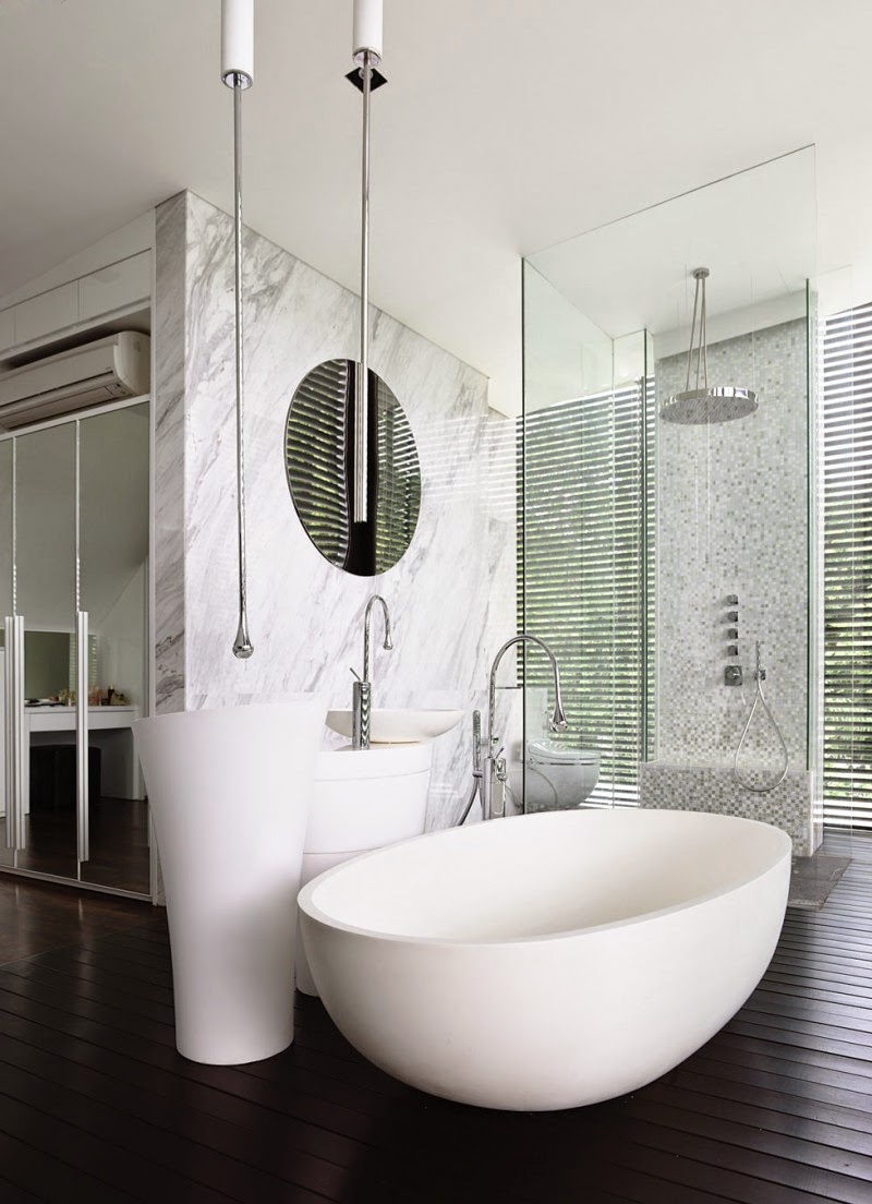 Singapore Contemporary House - interior design - luxurious white bathroom furniture and dark floor with natural light