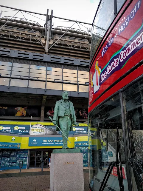 Dublin Citysightseeing Bus and Cusack statue outside of Croke Park