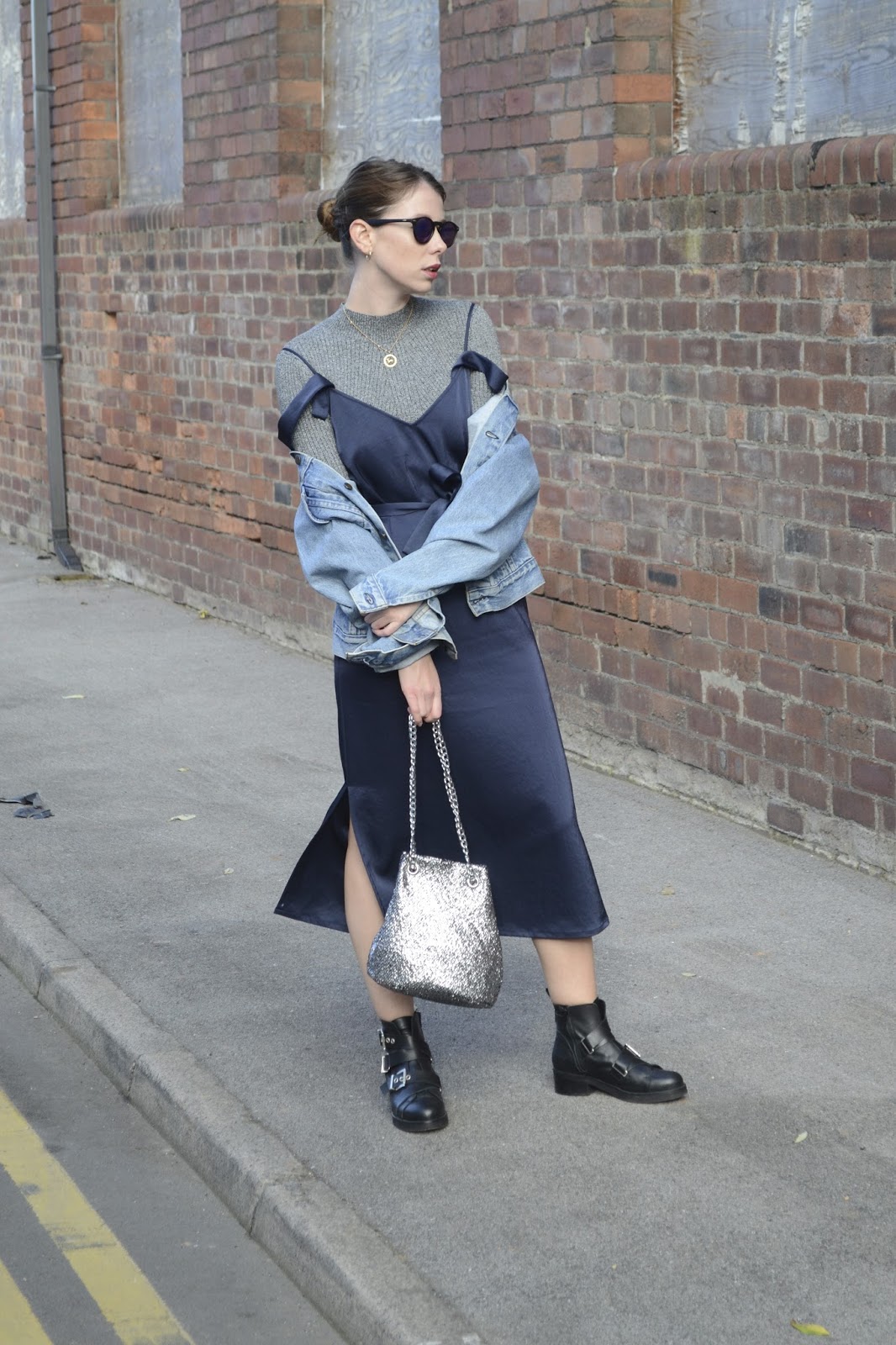 How to style denim jacket, with slip dress and ankle boots