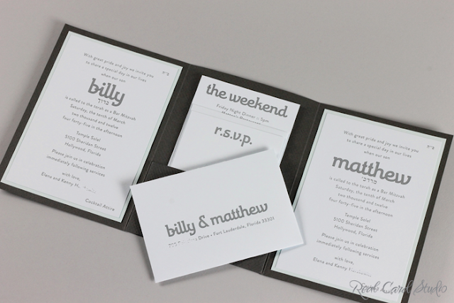 Real Card Studio B'nai Mitzvah Bar Mitzvah Custom Invitation Charcoal gray, pocket folder, light blue, letterpress printing, interesting typography