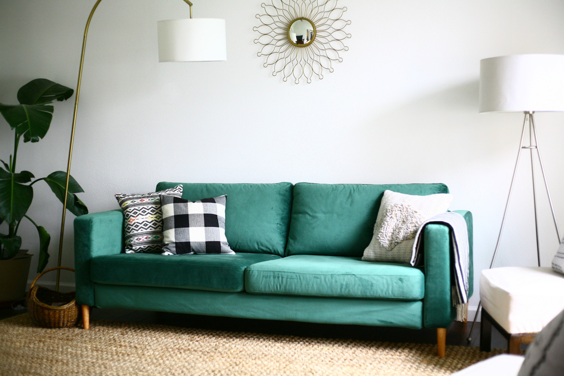 Our Statement Sofa Comfortworks Green Velvet Ikea Cover Room These Vintage Chairs Which I Recently Refinished And Slipcovered Few Accents Plants In Front Of The Large Sort Bay Window But Sofa