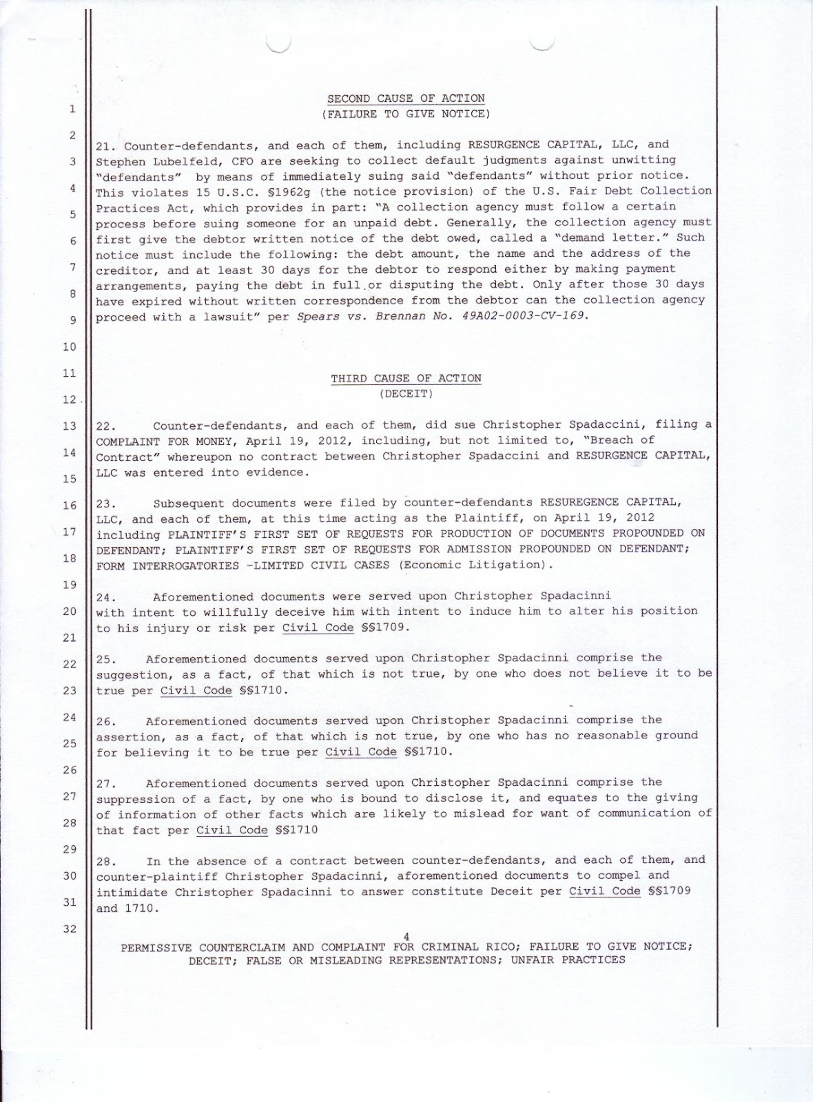 Legalese Countersuit Against Resurgence Capital, LLC (bill collection