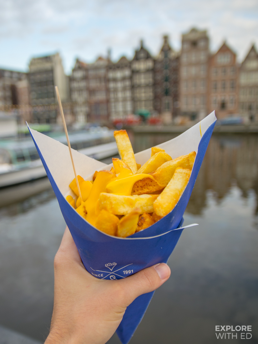Manneken Pis fries on Damrak near Centraal Station, Holland's Number 1 Fries with Cheese Sauce
